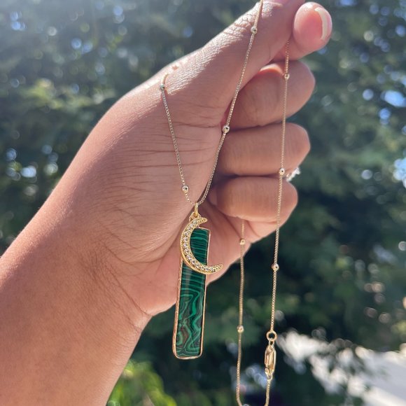 Malachite Moon Pendant Necklace 18K Gold Filled - Picture 3 of 5